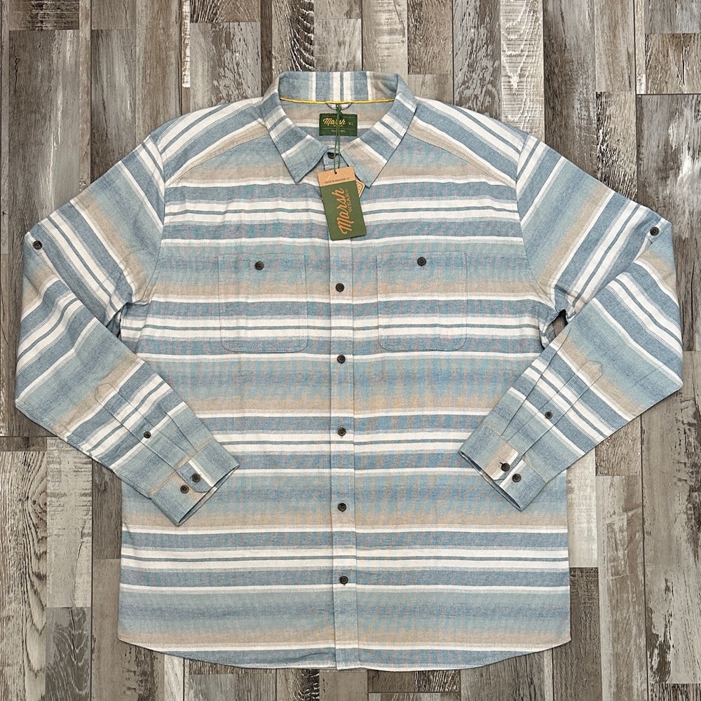 Marsh Wear Men's Blue & Tan Striped Button-Down Shirt NWT!